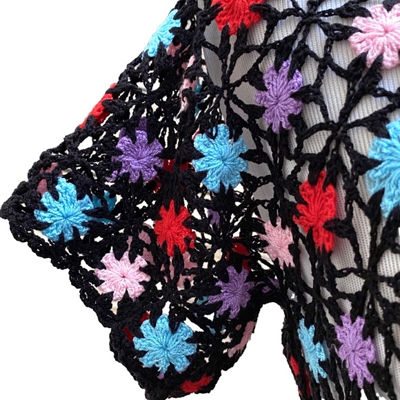 Vtg Crochet Top Small Boho Black Star Floral Open Knit Granny Hippie Summer - Picture 6 of 14